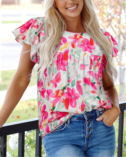 Floral Print Flutter Sleeve Blouse