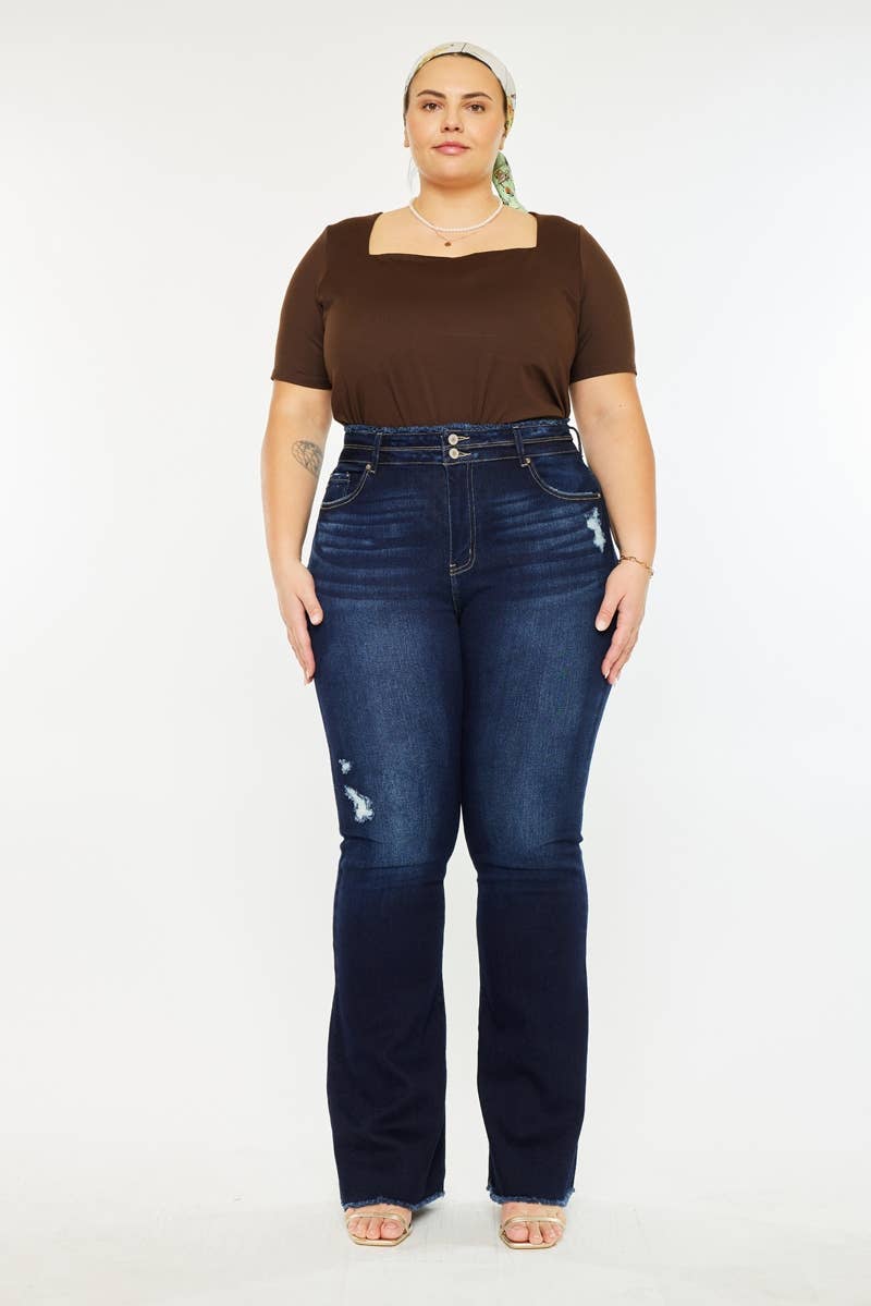 HIGHRISE DOUBLE WB DETAIL FRAY HEM FLARE JEAN