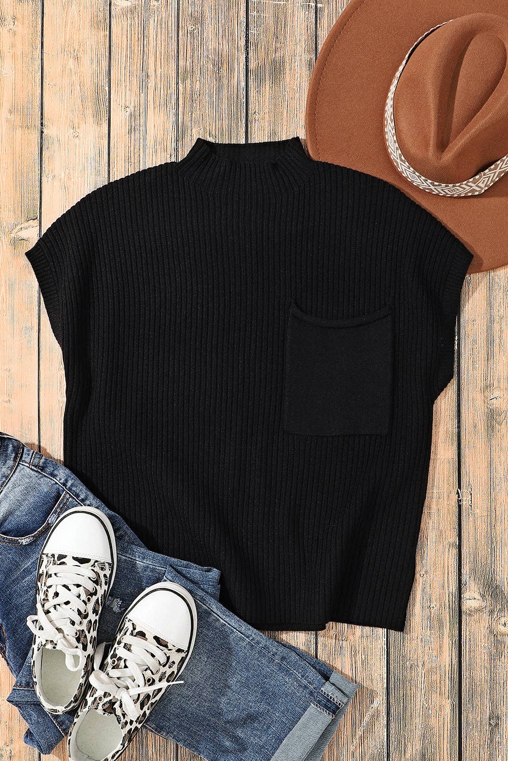 Patch Pocket Ribbed Knit Drop Shoulder Sweater Top