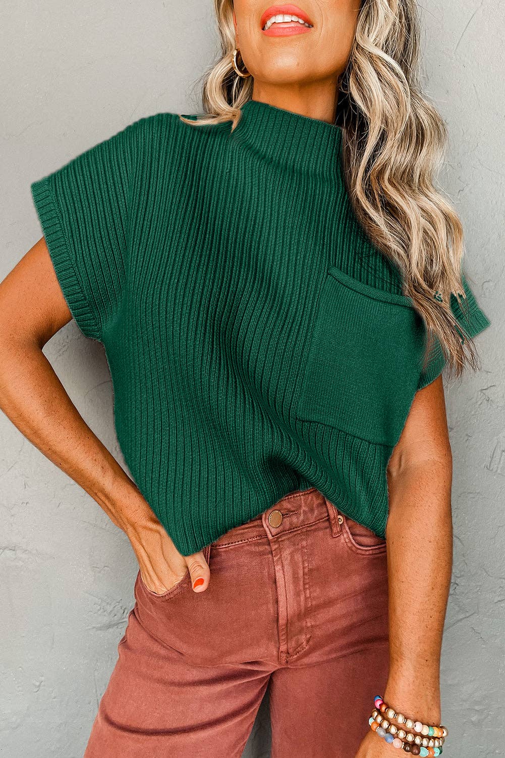 Patch Pocket Ribbed Knit Drop Shoulder Sweater Top