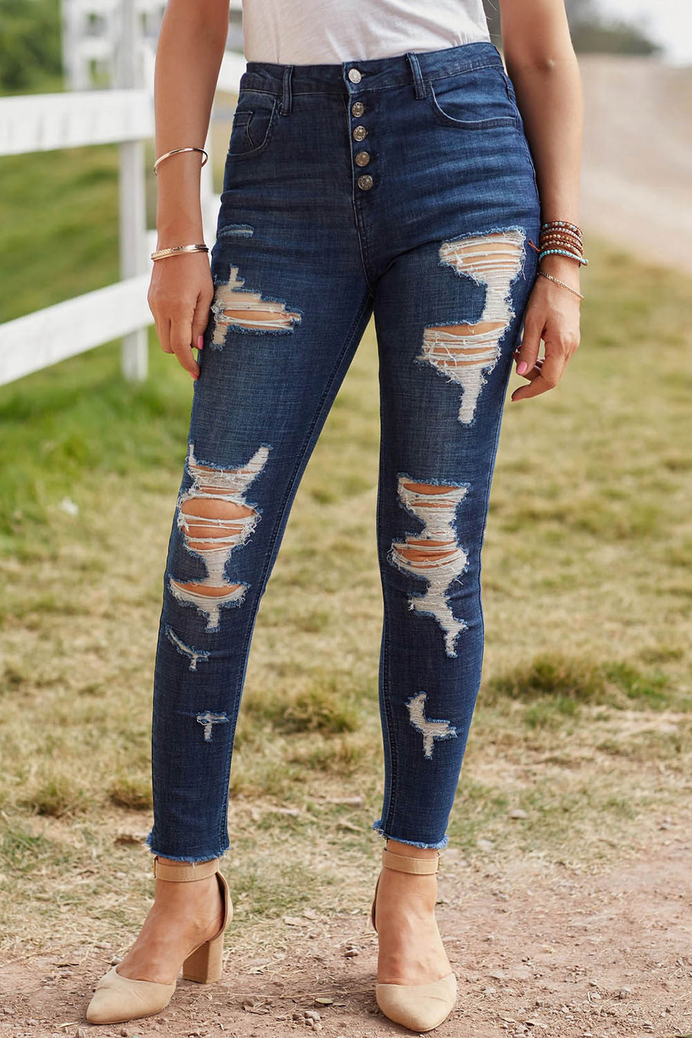 High Rise Multi Button Ripped Jeans