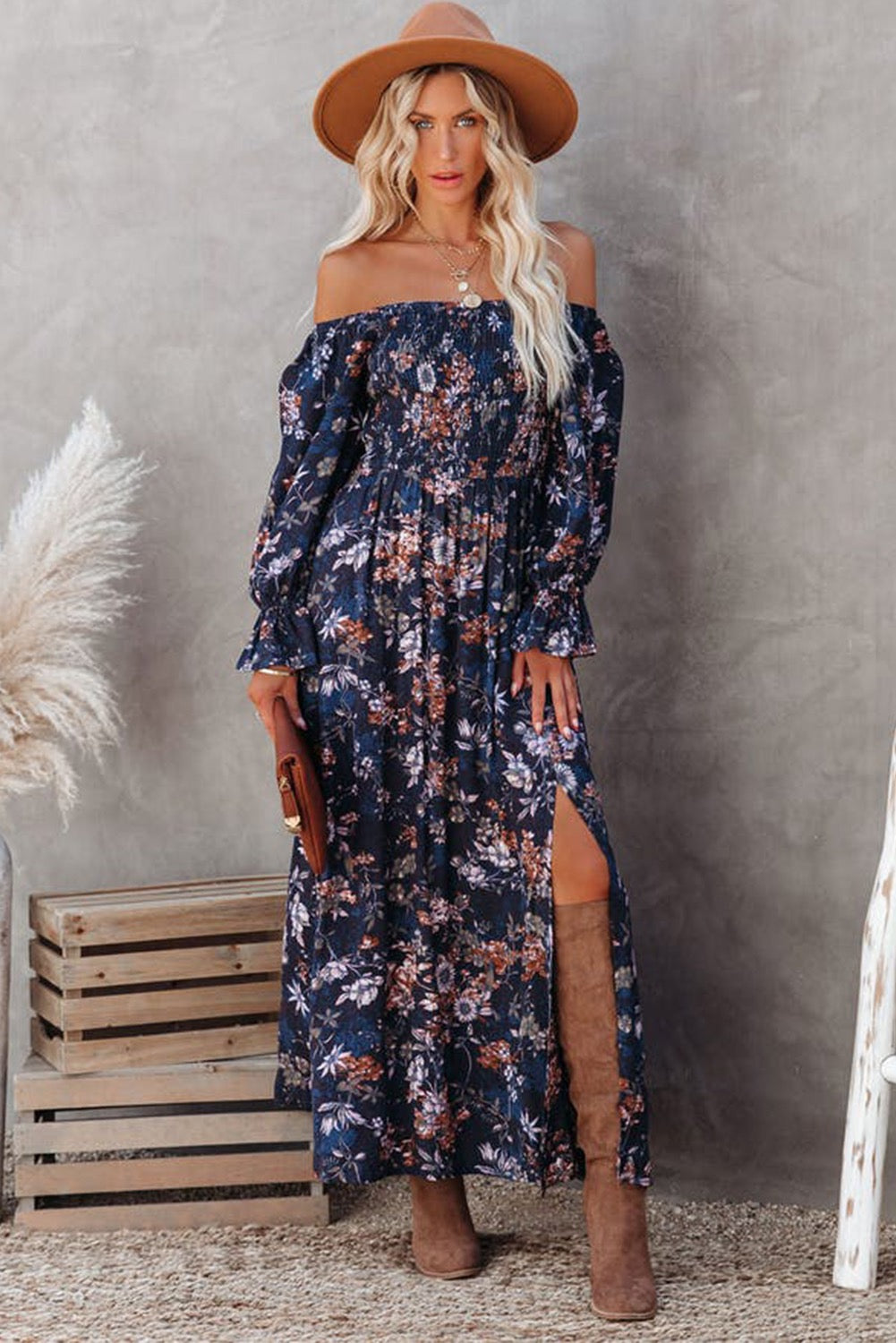 Smocked Off the Shoulder Slit Foral Dress