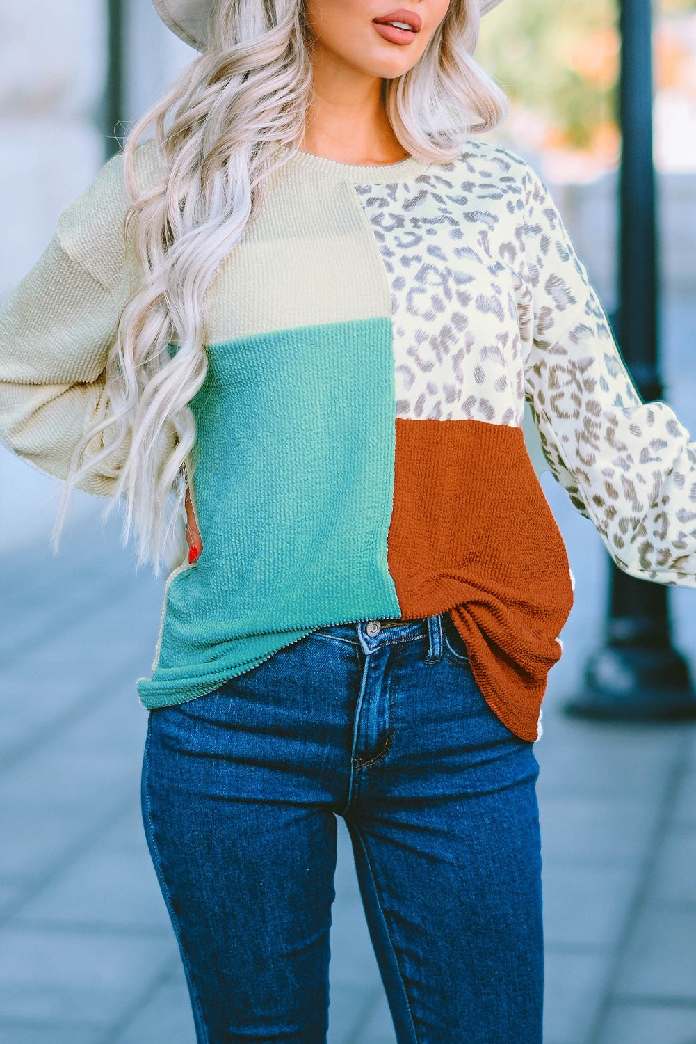 Leopard Colorblock Ribbed Long Sleeve Top