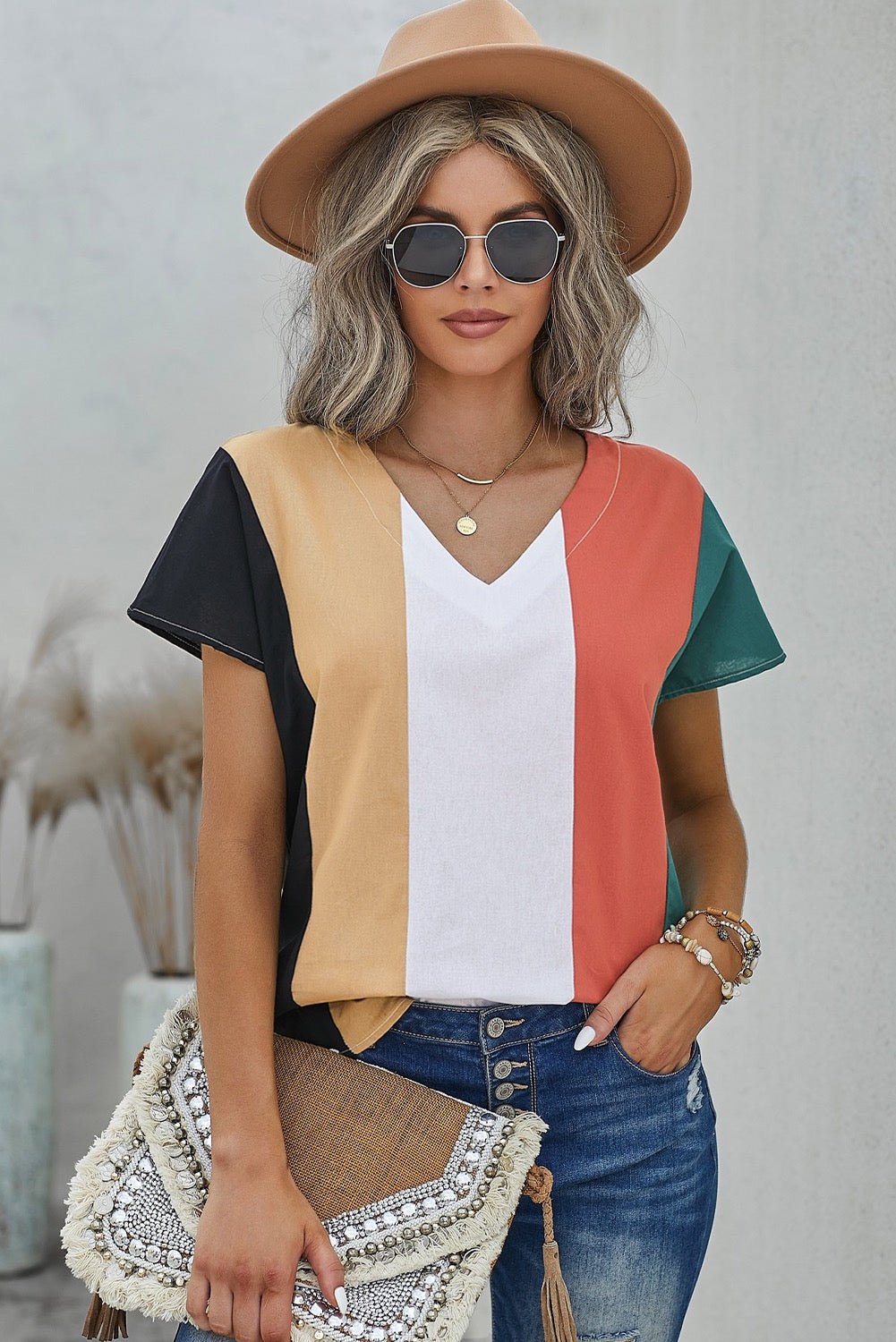 Color Block V-Neck Top