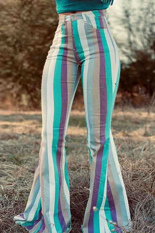 Striped Frayed Edge Flare Jeans