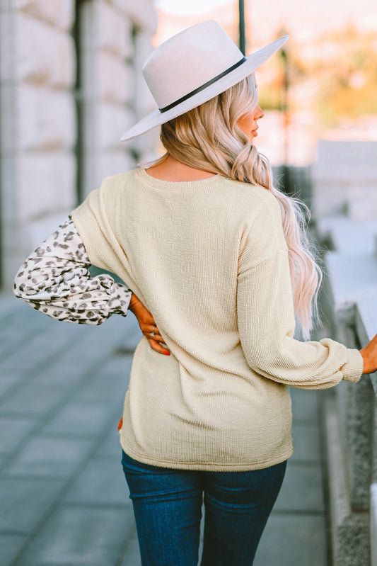 Leopard Colorblock Ribbed Long Sleeve Top