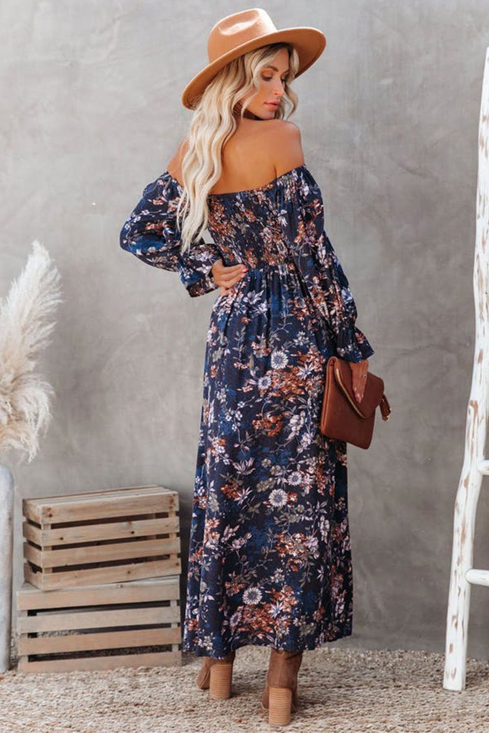 Smocked Off the Shoulder Slit Foral Dress