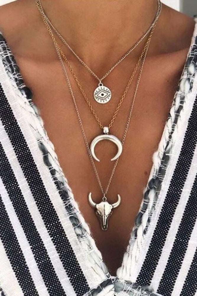 Steer Skull Moon Eye Multi-Layered Necklace