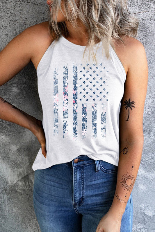 White Floral Distressed American Flag Tank Top