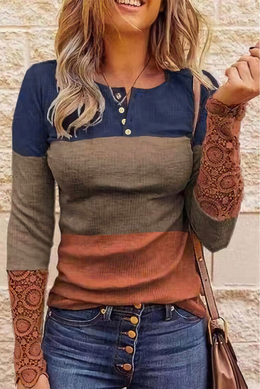 Ribbed Lace Colorblock Long Sleeve Top