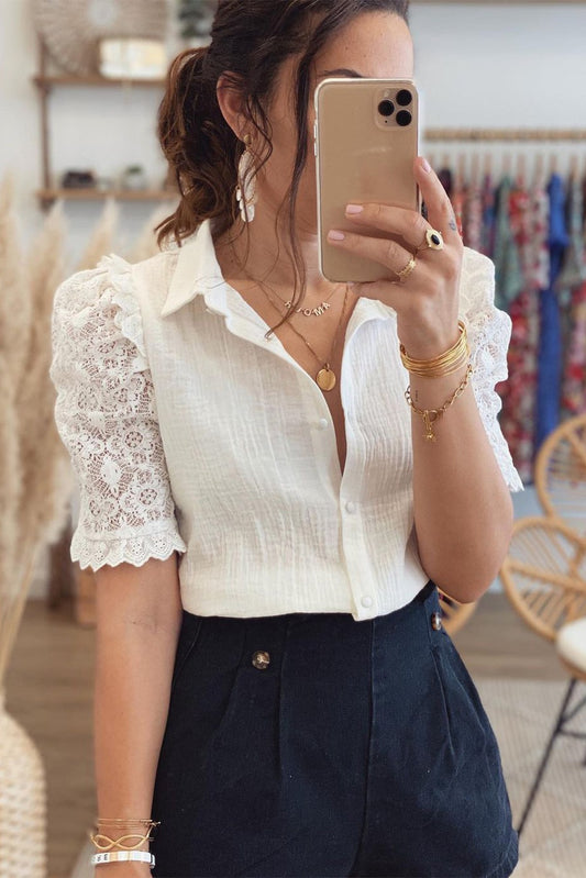 Textured Button Lace Short Sleeve Top