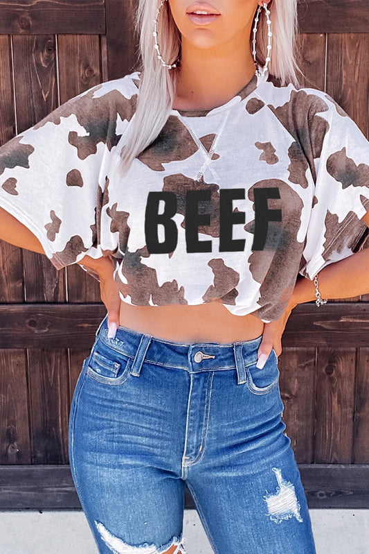 Brown BEEF Cow Print T Shirt