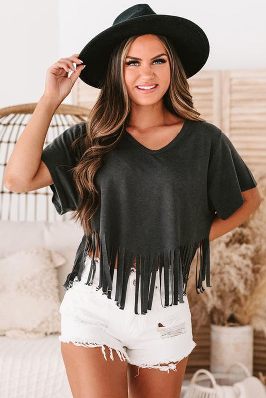 Fringe Hem V-Neck T-Shirt